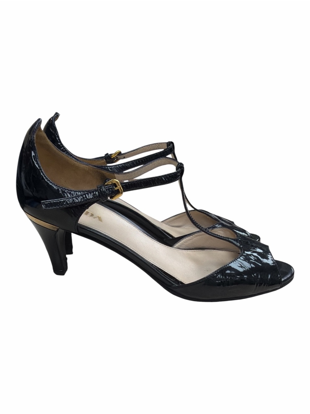 Prada Black Patent Leather T-Strap Peep Toe Heels